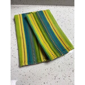 Tag Kitchen Dish Towels  OS Green Yellow EUC Striped Cotton Set 2 Summer Bright
